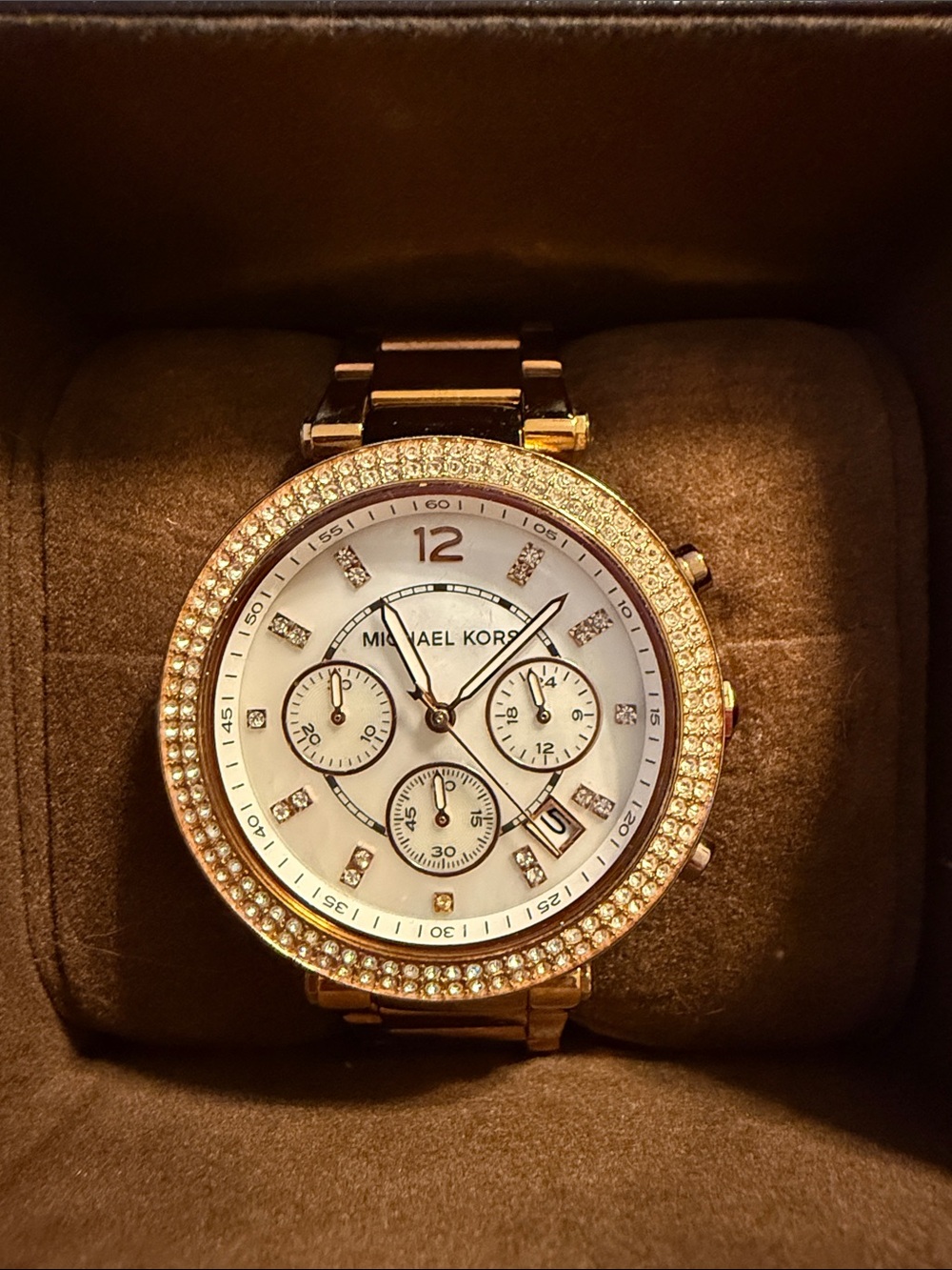 Michael Kors Rose Gold and White Crystal-Bezel Chronograph Watch